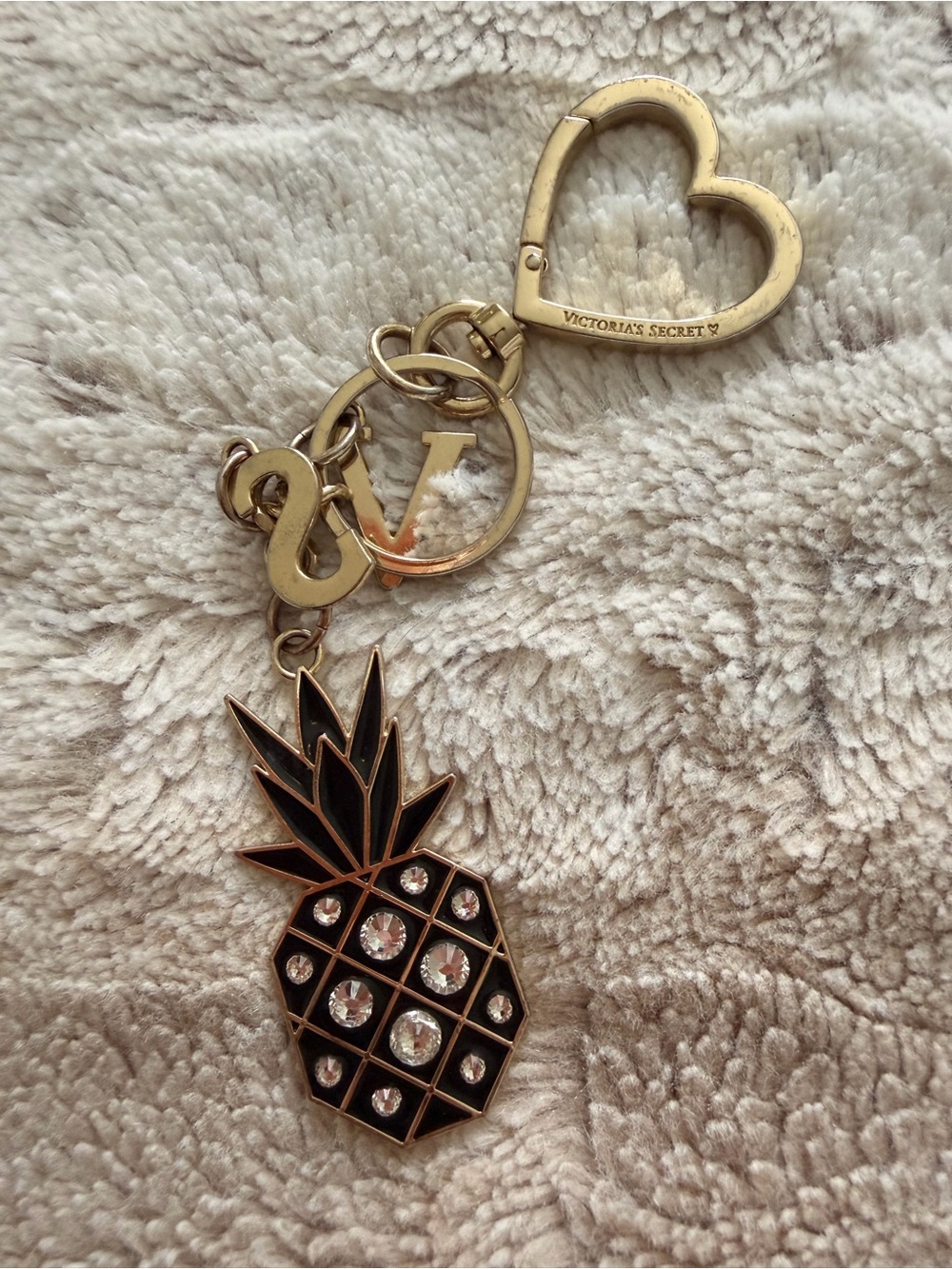 Victoria's Secret Gold-tone Pineapple Keychain with Black Enamel and Crystals